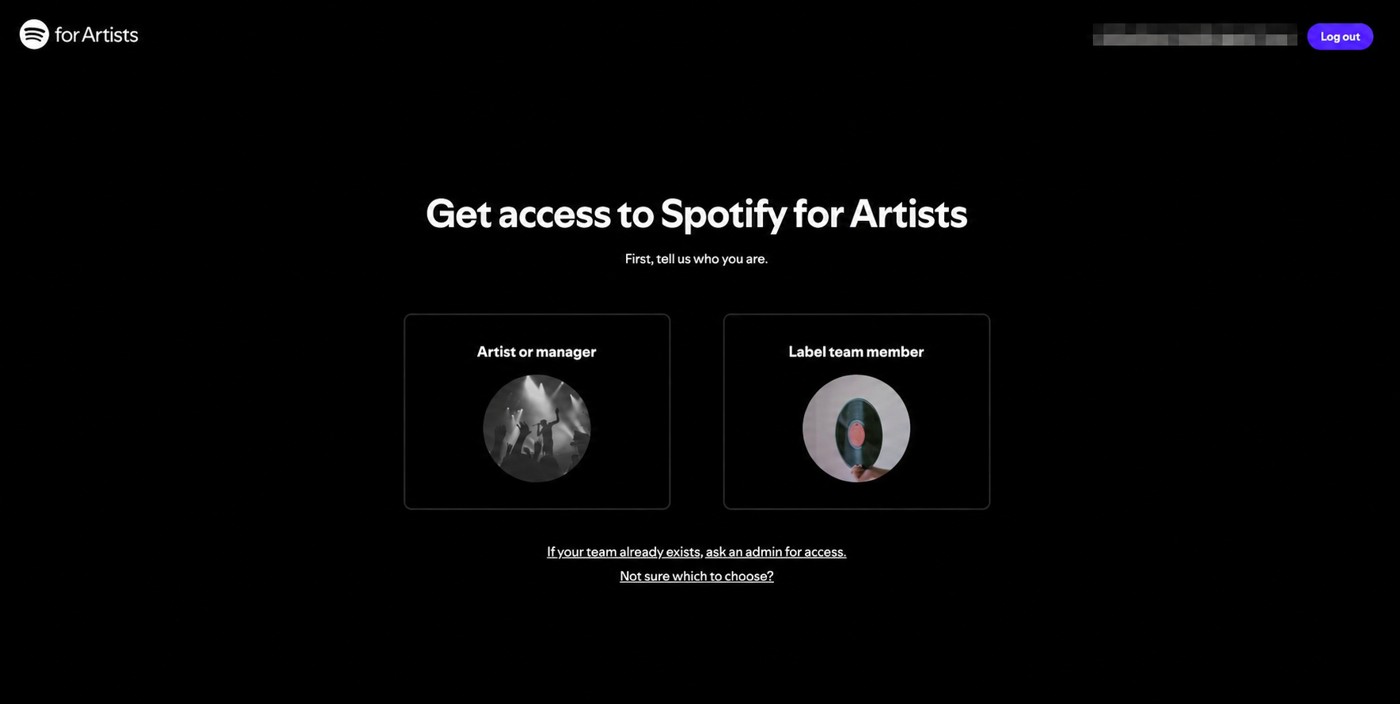 Spotify for Artistsのアクセス申請開始画面