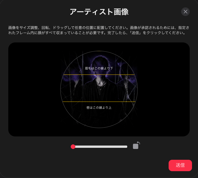 トリミング画面の拡大。眉毛はこの線より下、唇はこの線より上と表示されている