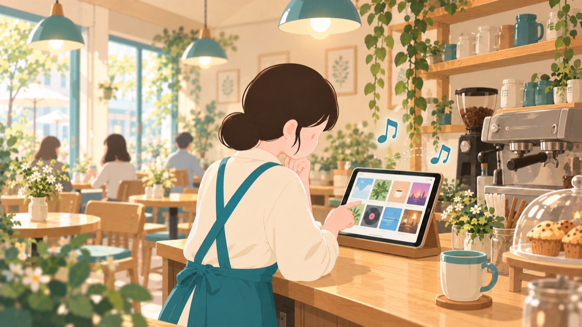 タブレットで店内BGMを選ぶ店主