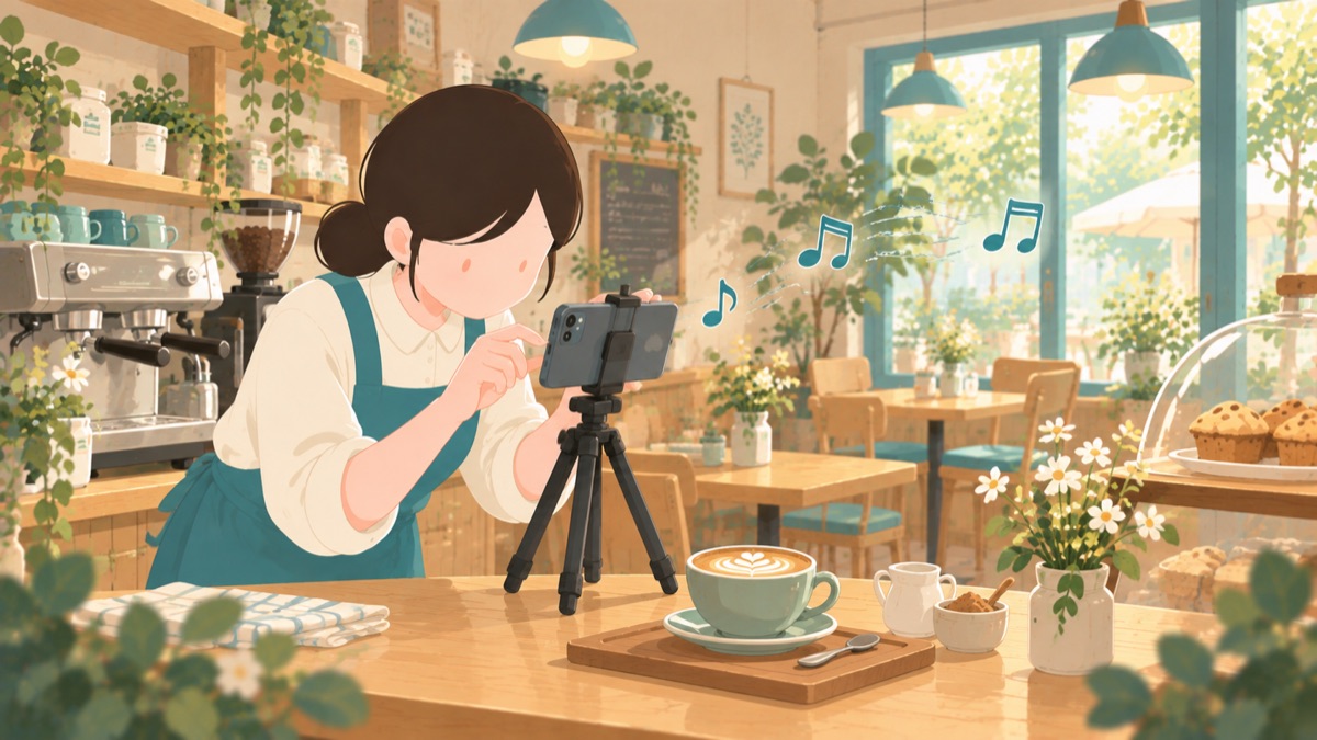 三脚でラテアートを撮影するカフェの店主