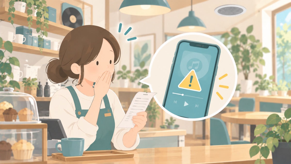 カフェで音楽配信サービスを流す前に注意するイラスト