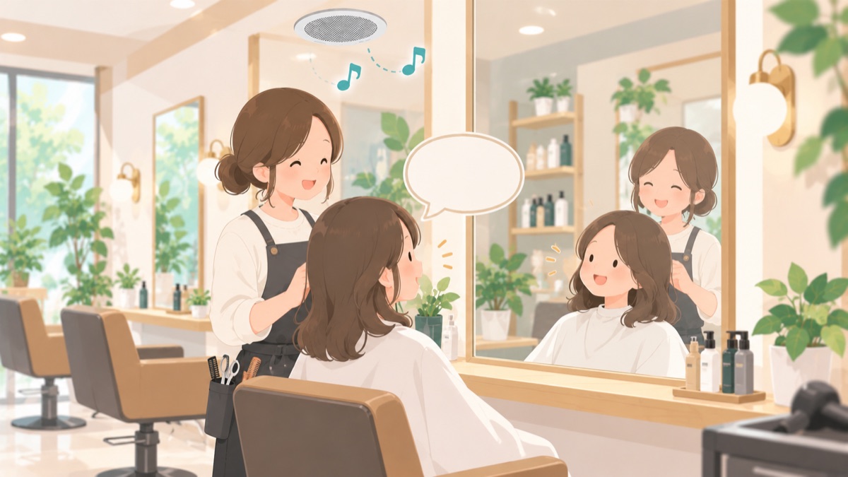美容室で会話の下に小さくBGMが流れているイラスト