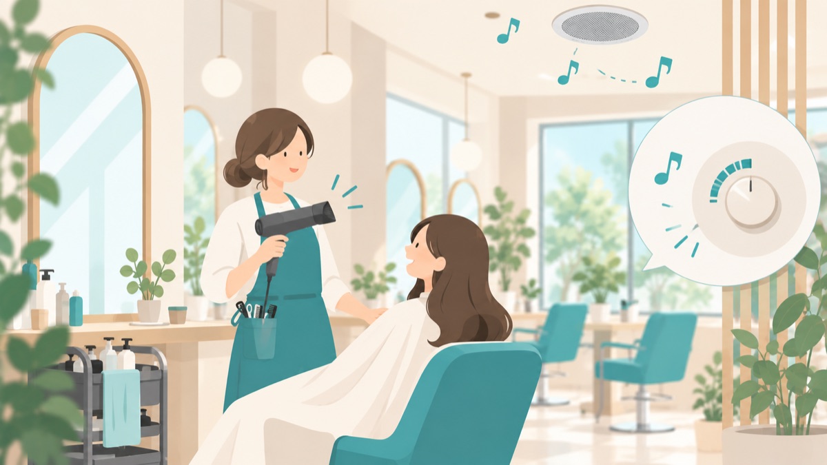 ドライヤーを使う美容室でBGMの音量を考えるイラスト