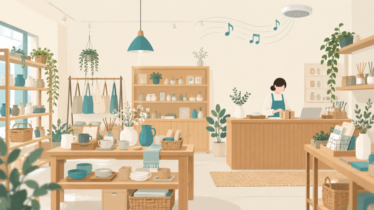 店のスピーカーで音楽を流しているイメージ