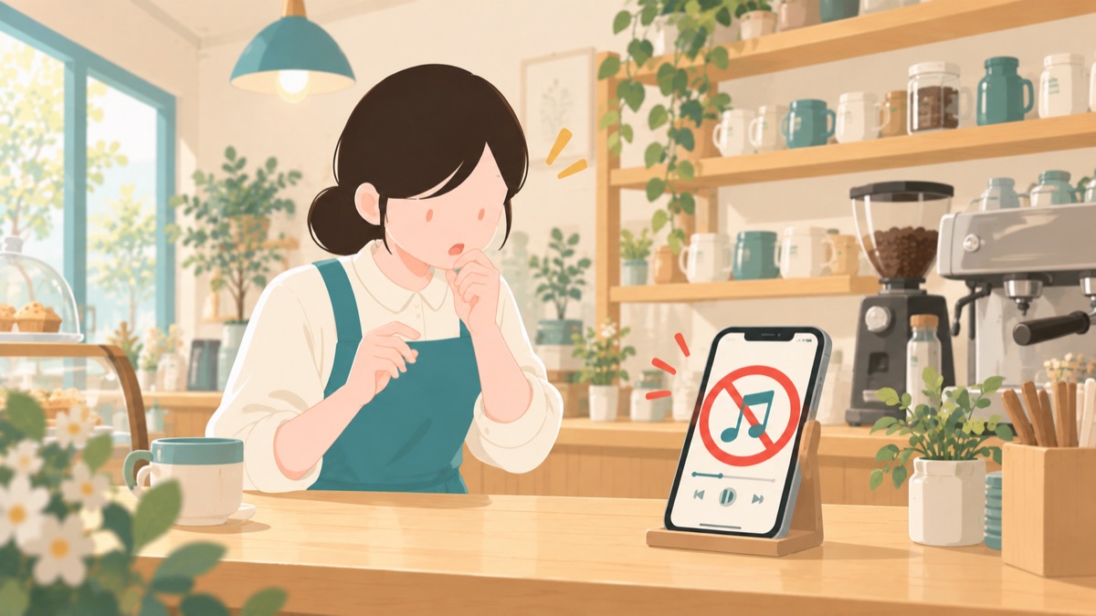 個人向けの音楽サブスクは店で流せないことを示すイメージ