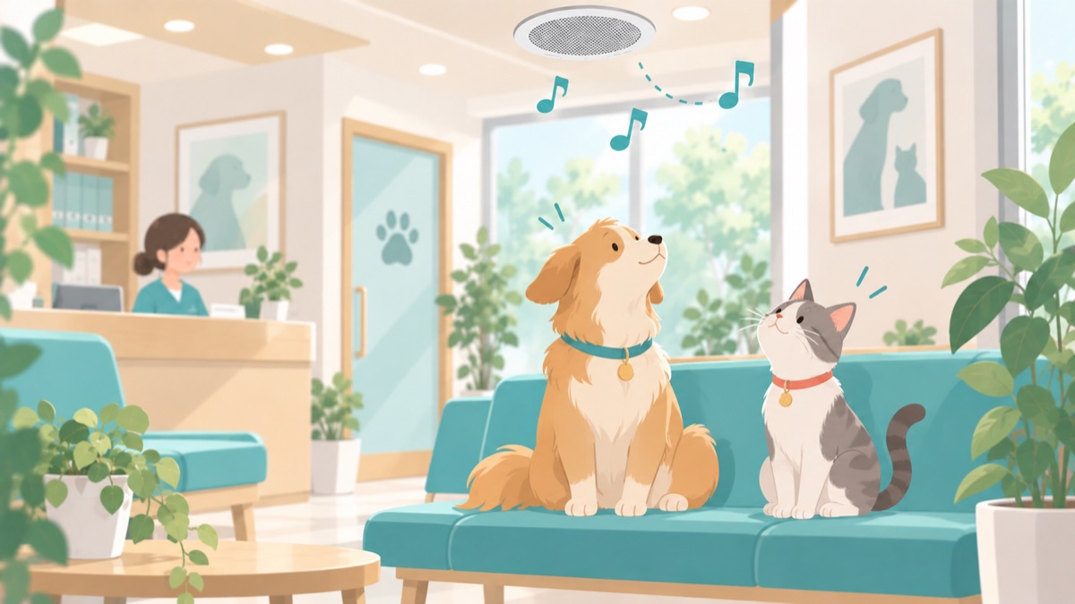 動物病院の待合室で音を聴く犬と猫のイラスト